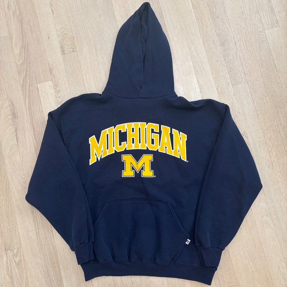 Russell Athletic Michigan Hoodie Mens Large Navy Blue Excellent Michigan M Logo